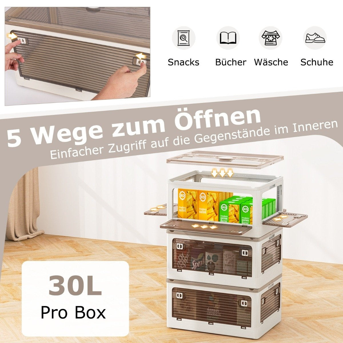 Set of 3 storage boxes with lids on wheels Foldable stacking boxes accessible from 5 sides 90 liters