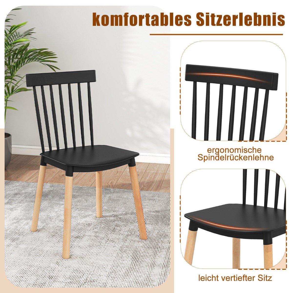 Set of 4 Dining Chairs with Spindle Backs &amp; Curved Seats Armless Chairs Black