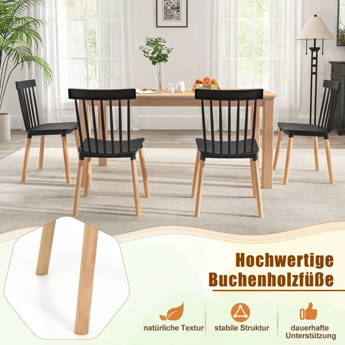 Set of 4 Dining Chairs with Spindle Backs &amp; Curved Seats Armless Chairs Black