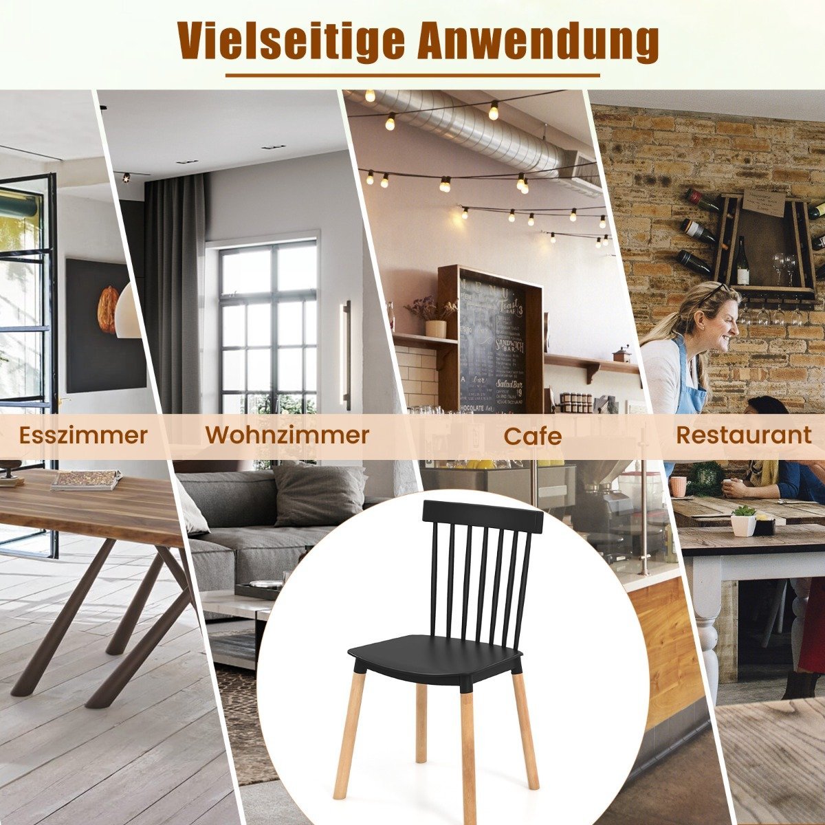 Set of 4 Dining Chairs with Spindle Backs &amp; Curved Seats Armless Chairs Black