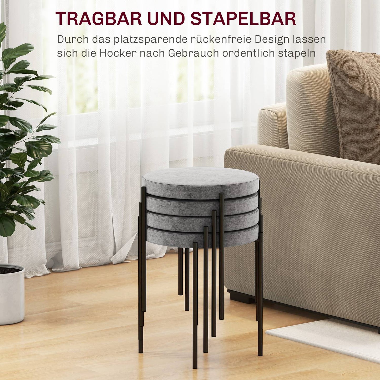4 stackable dining chairs in velvet look with padded seat