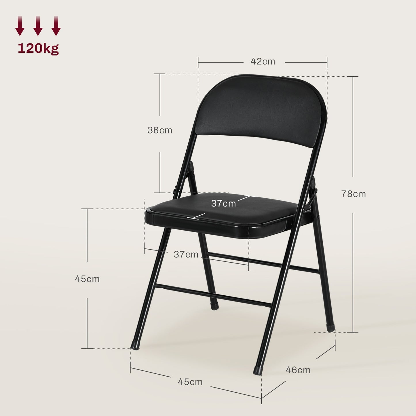 Folding chairs in artificial leather, padded, steel legs, black