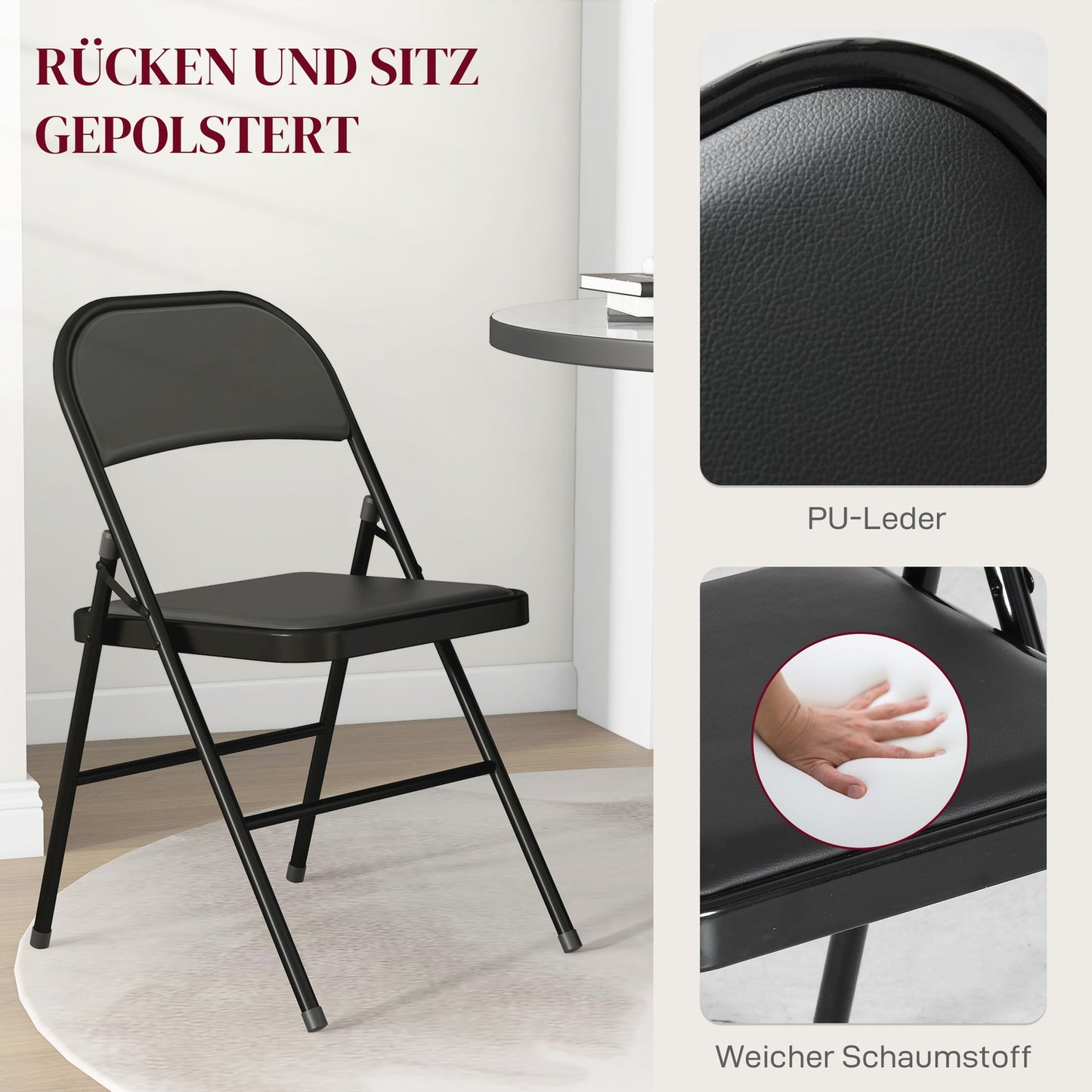 Folding chairs in artificial leather, padded, steel legs, black