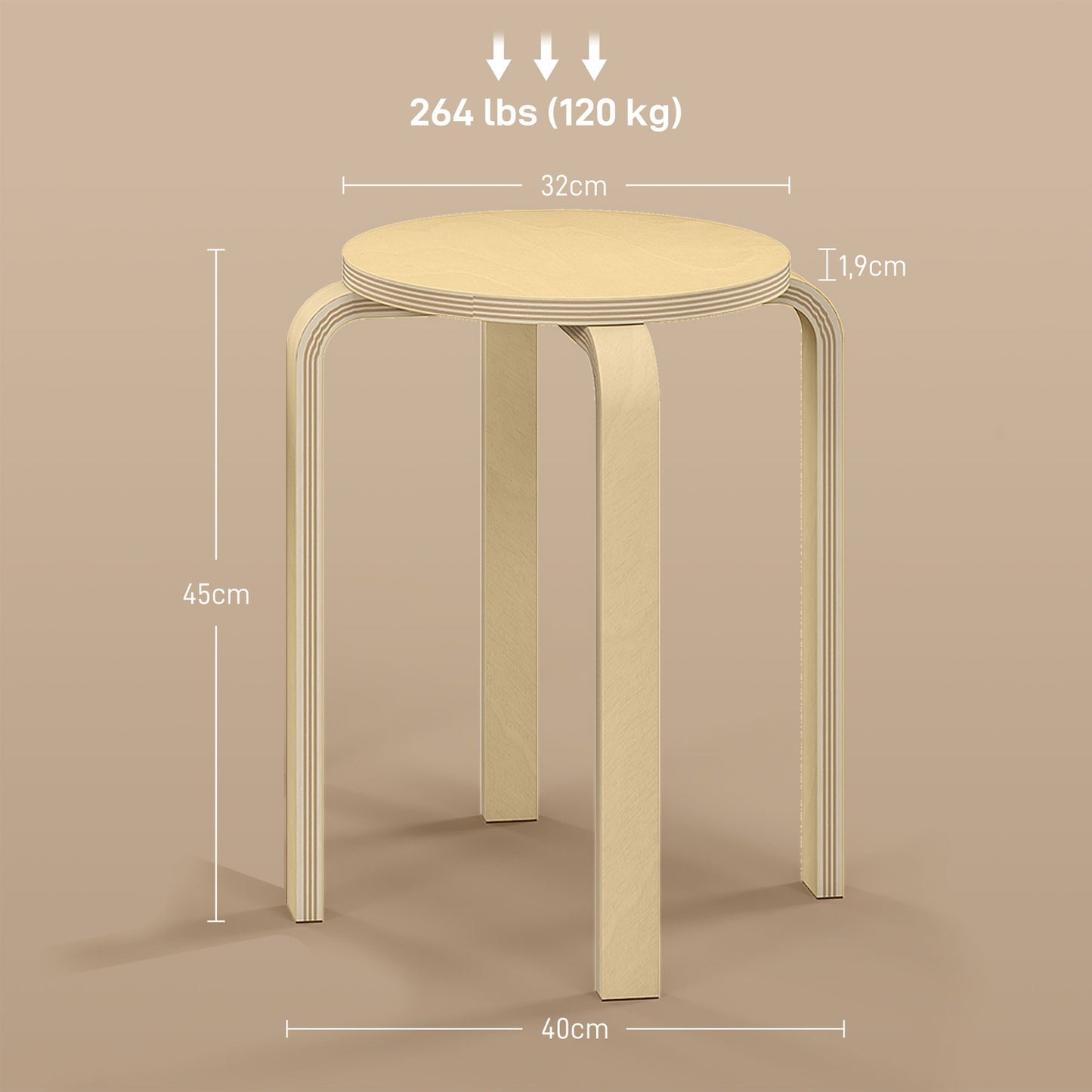 Stackable natural stool, non-slip and multi-functional (set of 4)