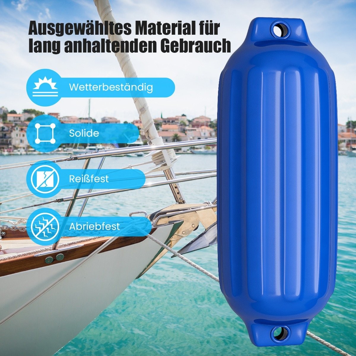 Set of 4 boat fenders, long fenders, ball fenders, boat crash protection, bridge fenders, blue, 68.5 x 21.5 cm