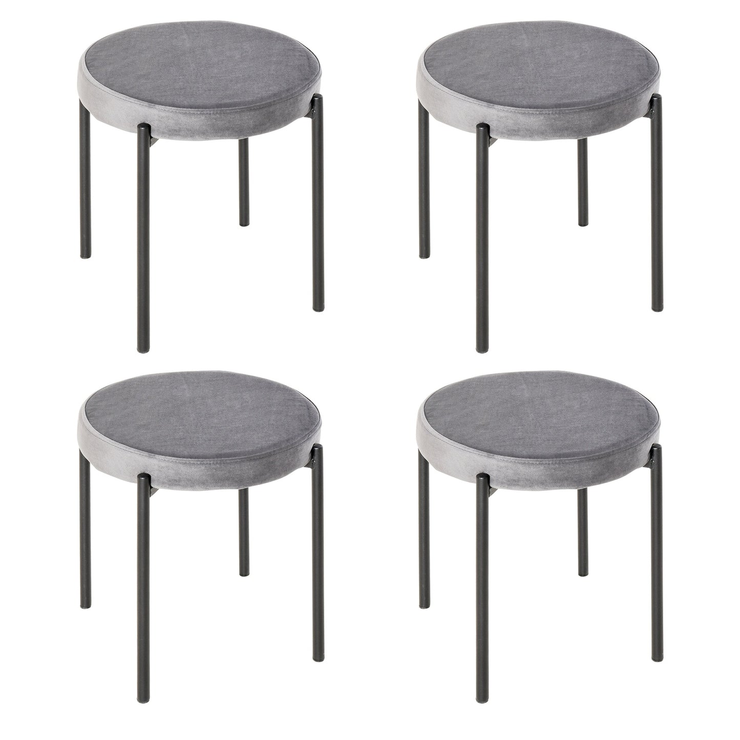Velvet bench stools, padded seat, set of 4, steel grey