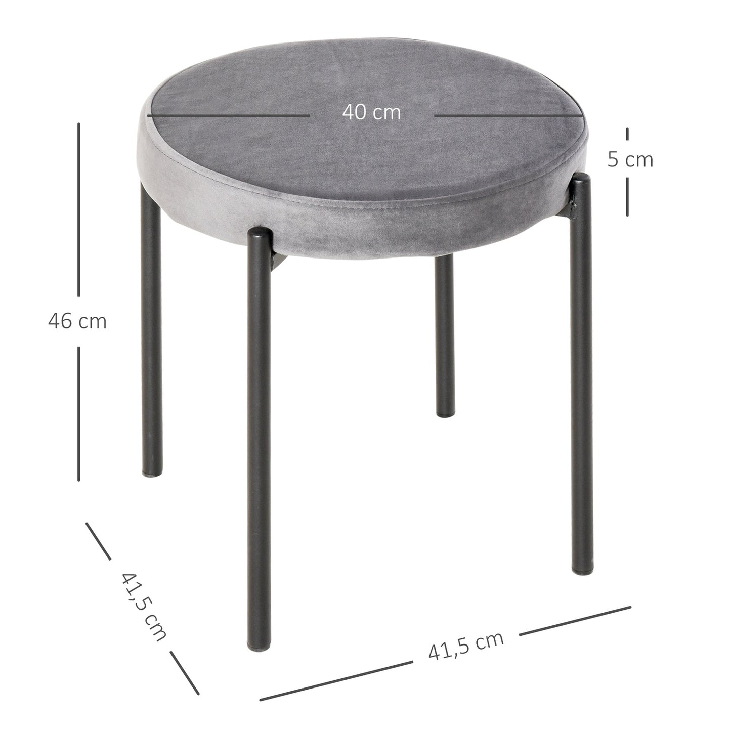 Velvet bench stools, padded seat, set of 4, steel grey