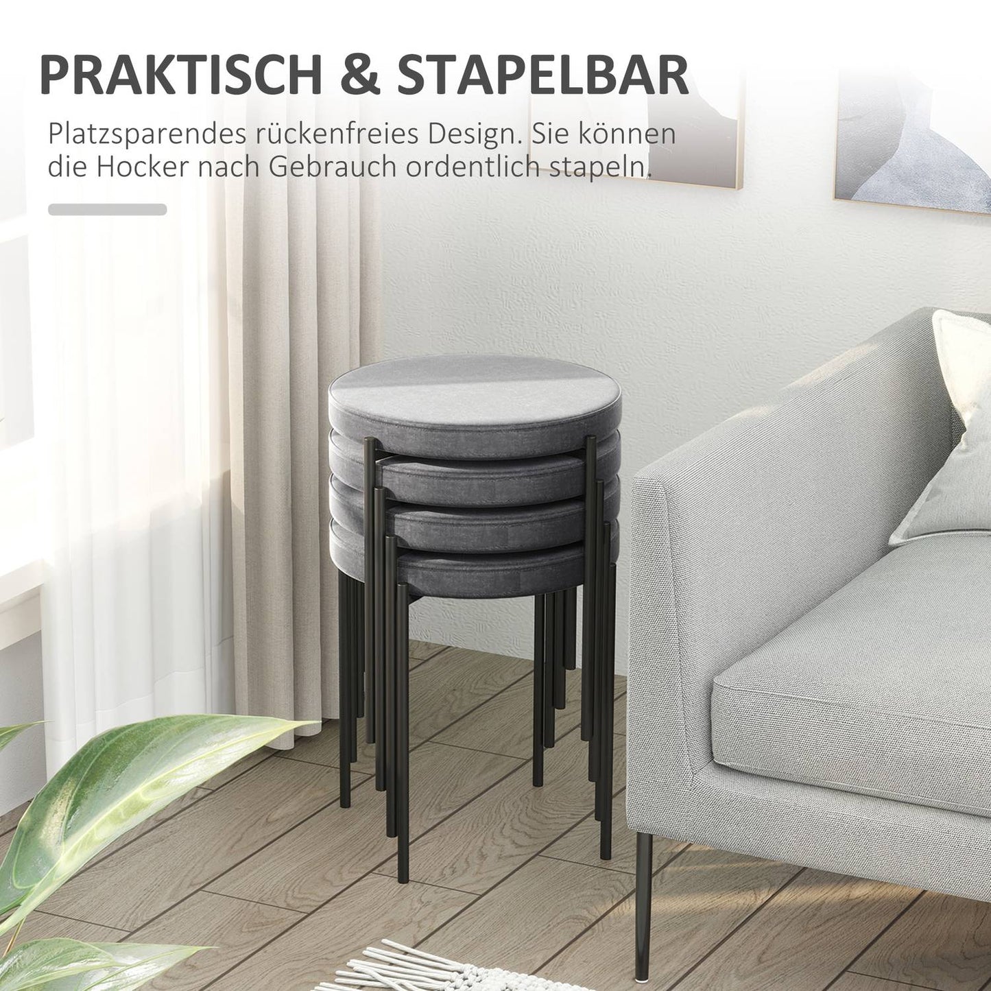 Velvet bench stools, padded seat, set of 4, steel grey