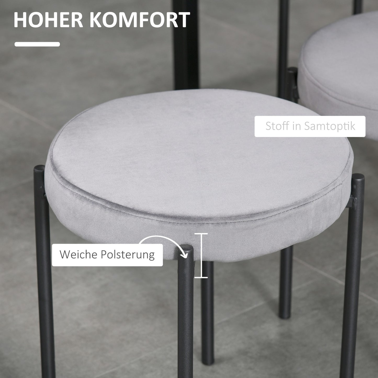 Velvet bench stools, padded seat, set of 4, steel grey