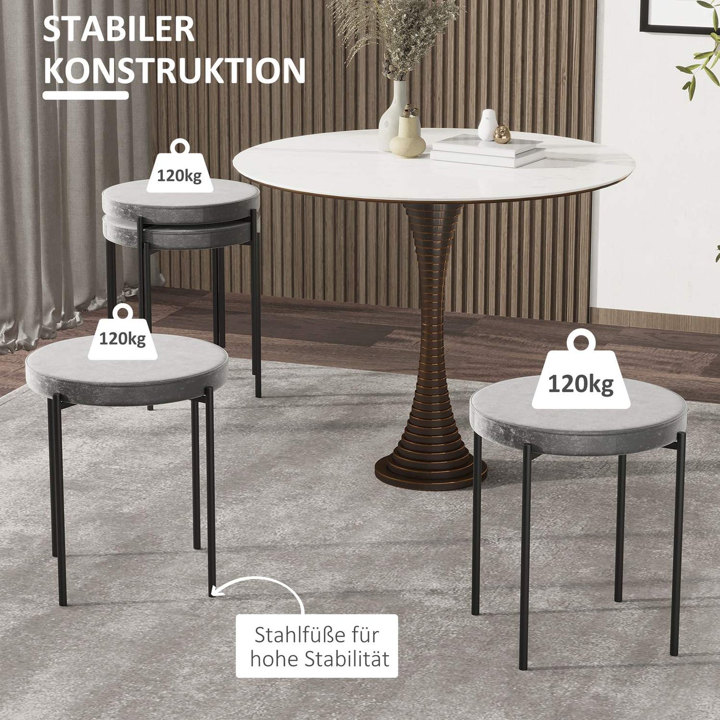 Velvet bench stools, padded seat, set of 4, steel grey
