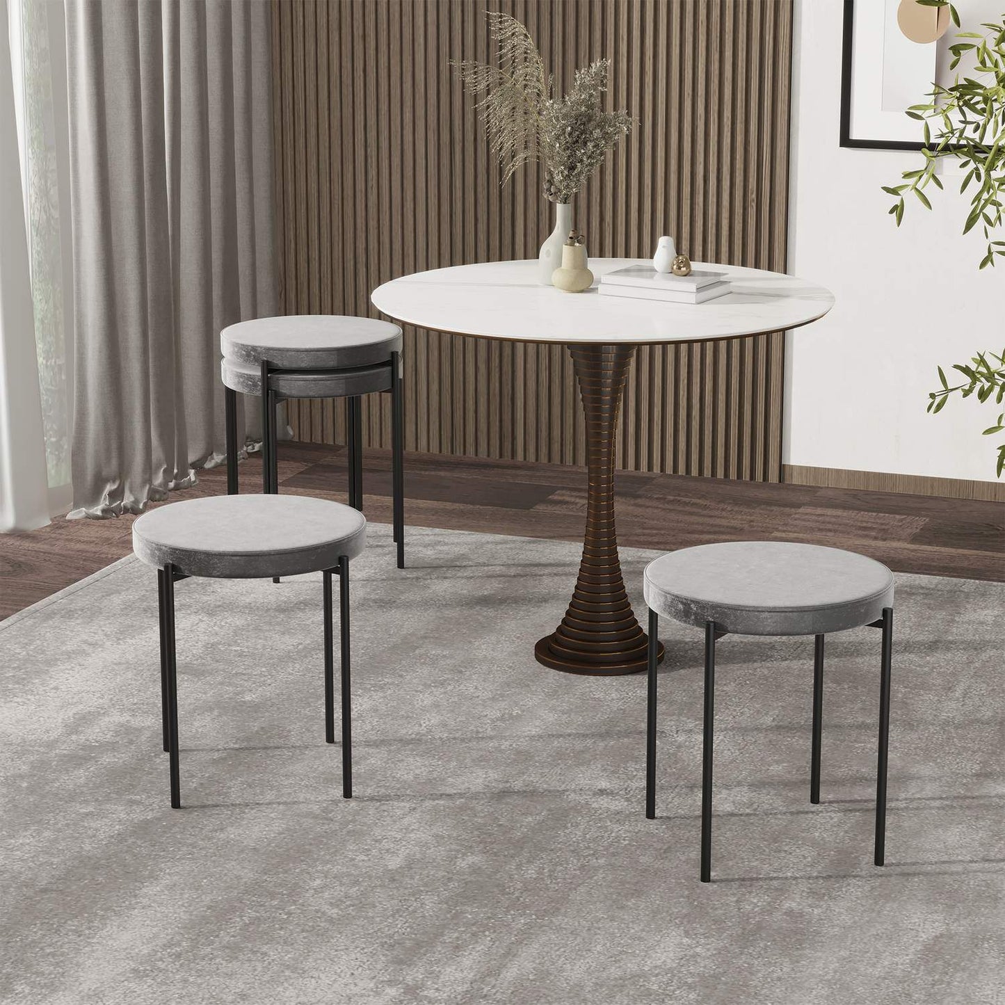Velvet bench stools, padded seat, set of 4, steel grey