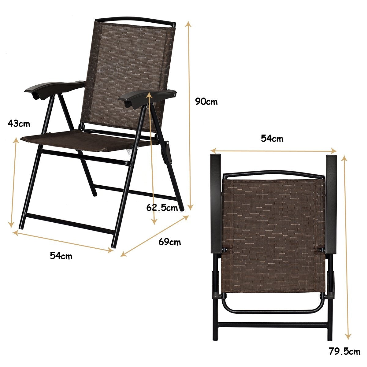 Set of 4 folding chairs, high-back garden chairs, folding chairs, 69 x 54 cm x 90 cm, brown