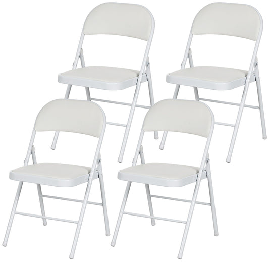 Folding Chairs Set of 4, White Faux Leather, Metal Frame