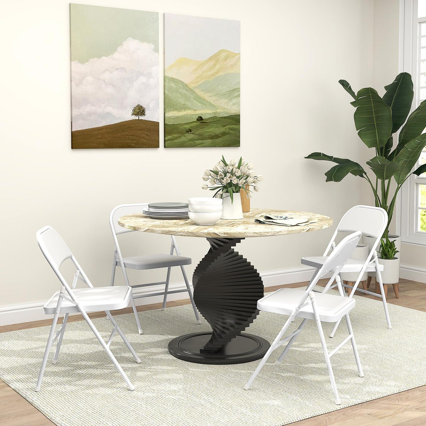 Folding Chairs Set of 4, White Faux Leather, Metal Frame