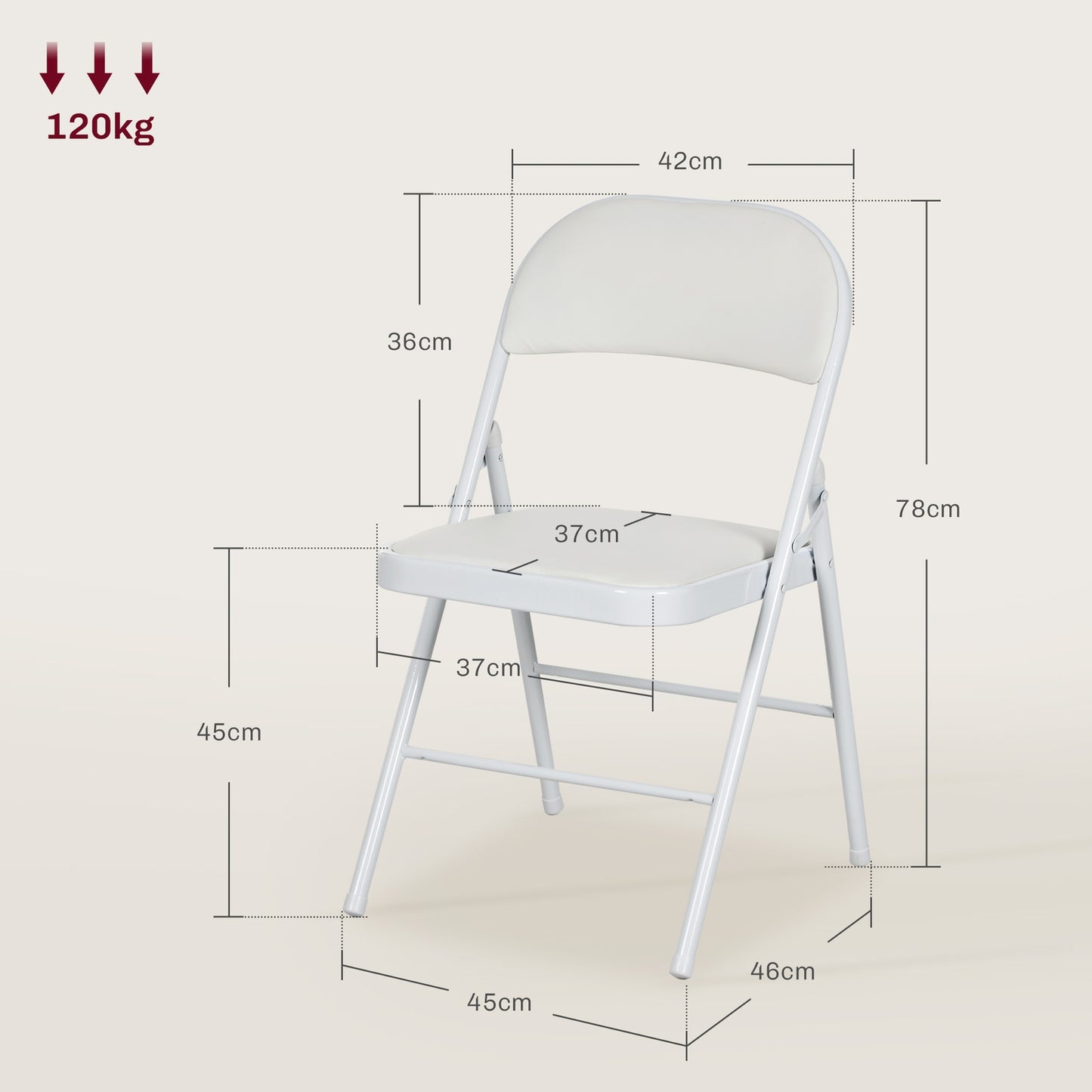 Folding Chairs Set of 4, White Faux Leather, Metal Frame