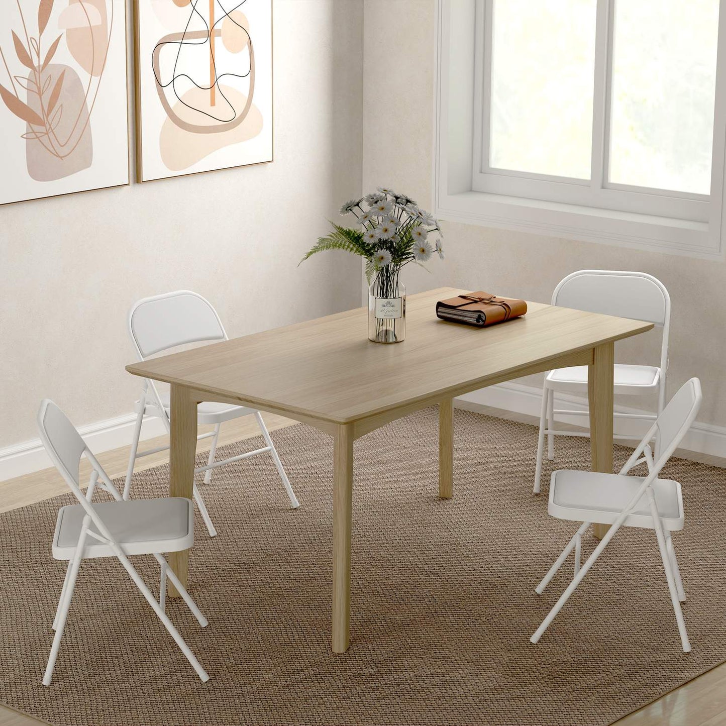 Folding Chairs Set of 4, White Faux Leather, Metal Frame