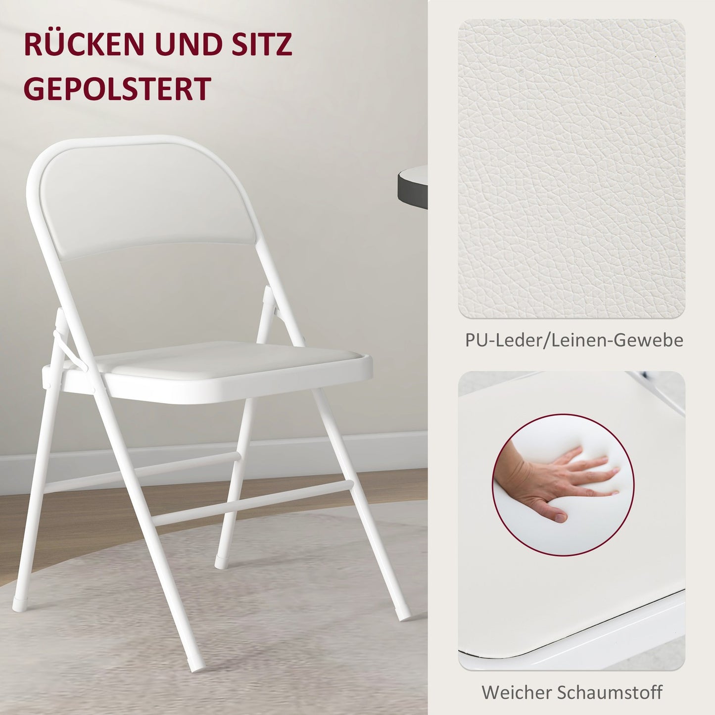 Folding Chairs Set of 4, White Faux Leather, Metal Frame
