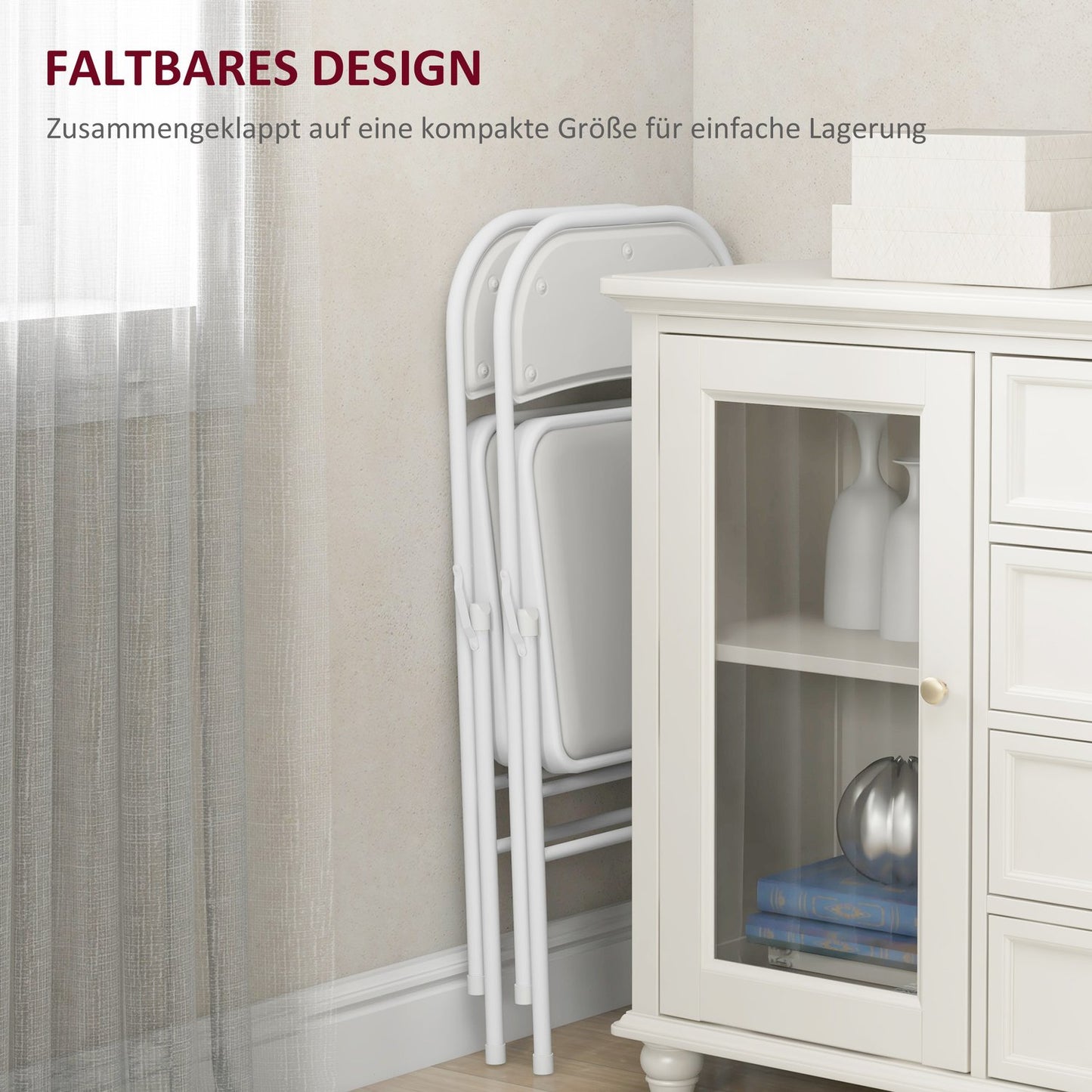 Folding Chairs Set of 4, White Faux Leather, Metal Frame