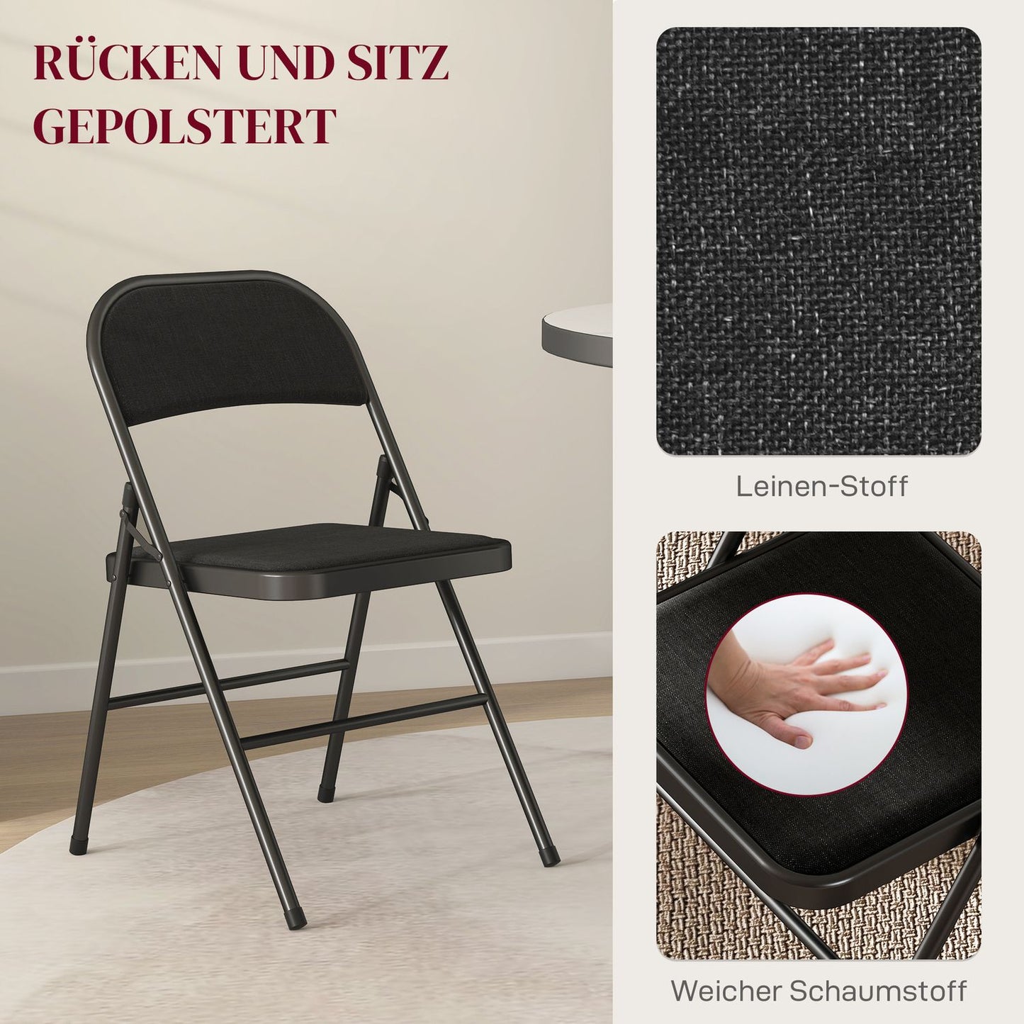Folding Chairs Set of 4, Black, Metal Legs, Padded Seats