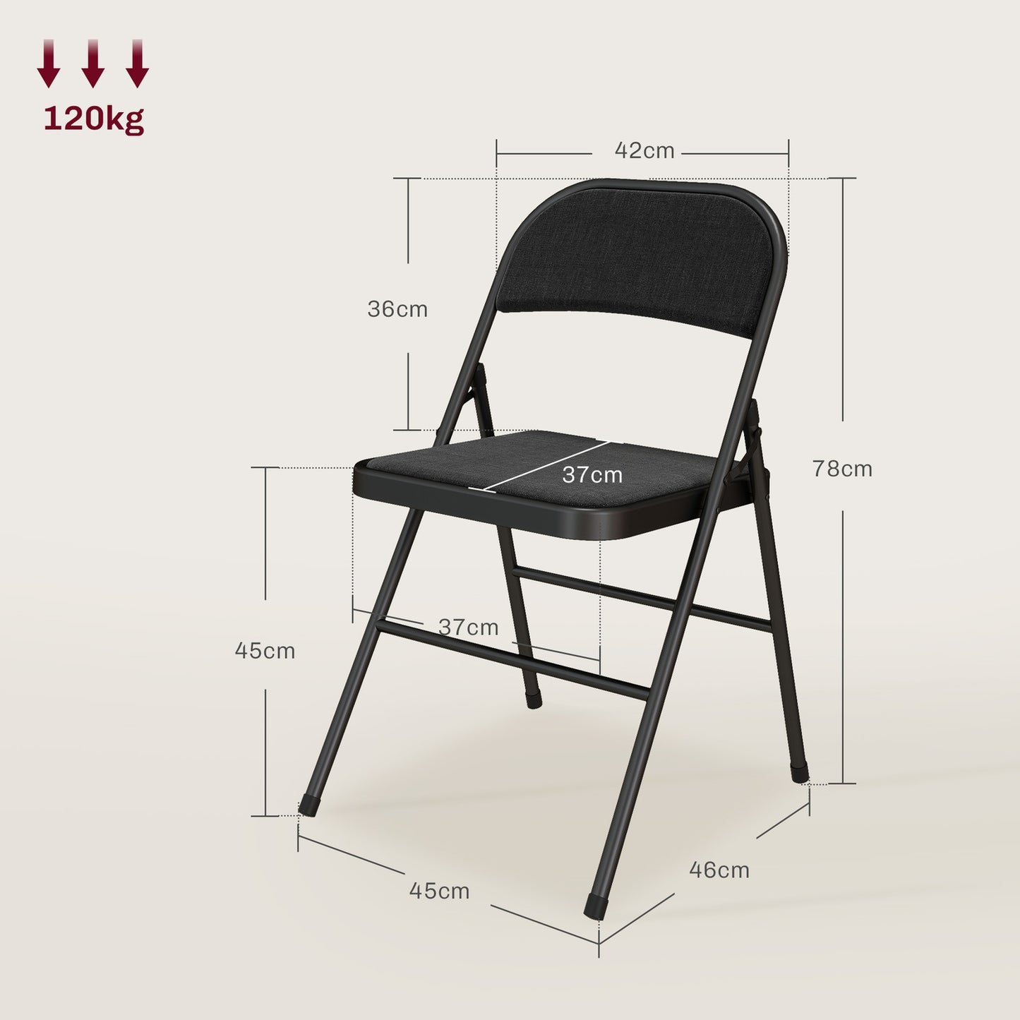 Folding Chairs Set of 4, Black, Metal Legs, Padded Seats