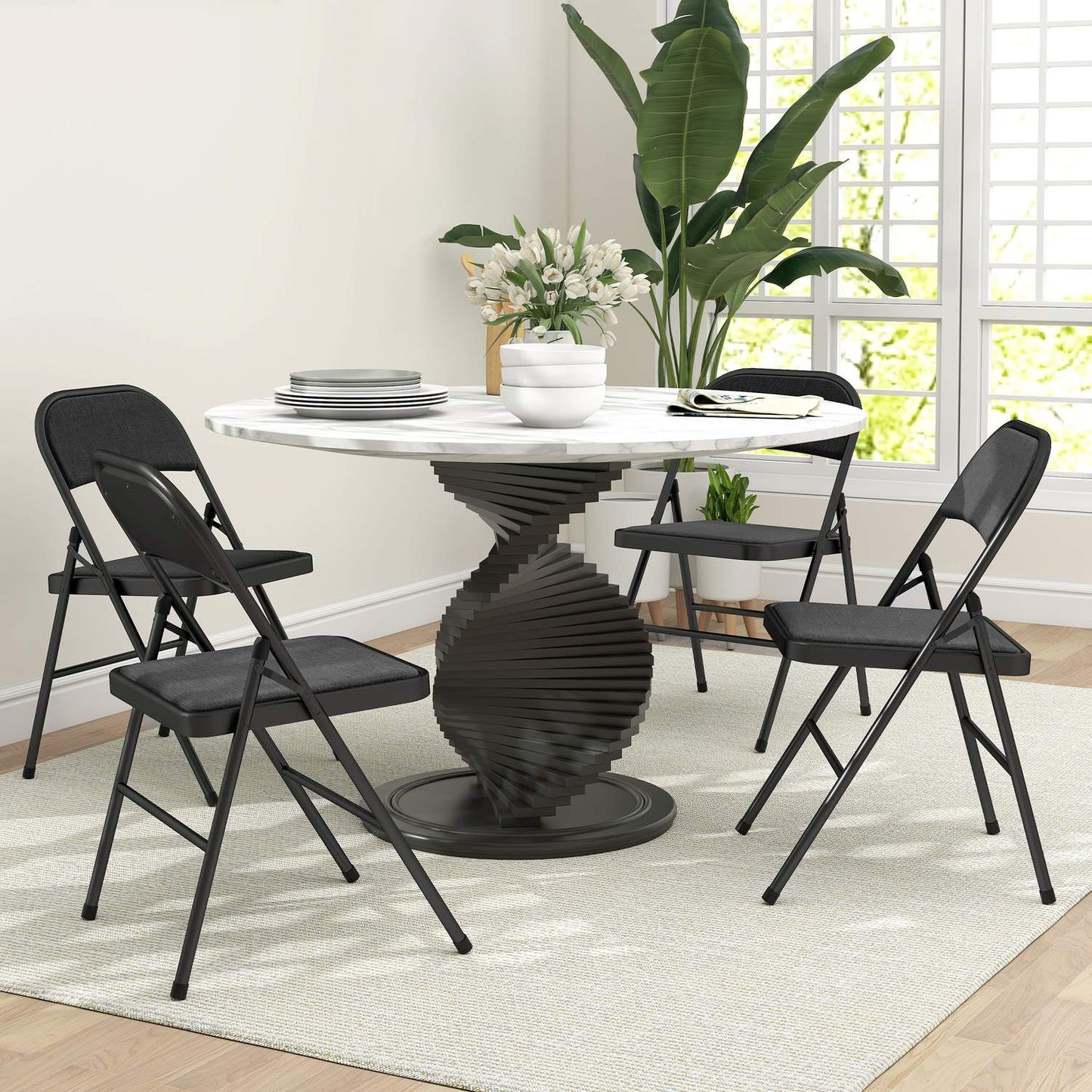 Folding Chairs Set of 4, Black, Metal Legs, Padded Seats