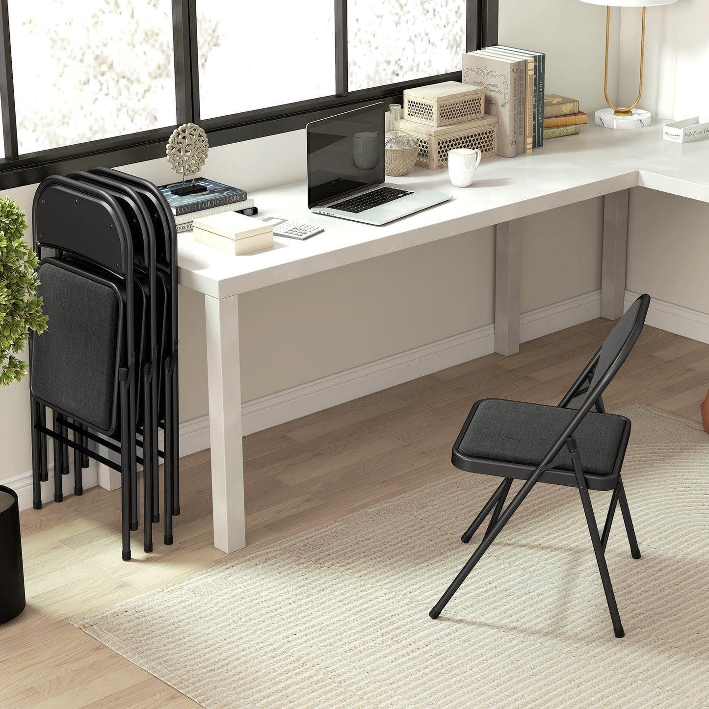 Folding Chairs Set of 4, Black, Metal Legs, Padded Seats