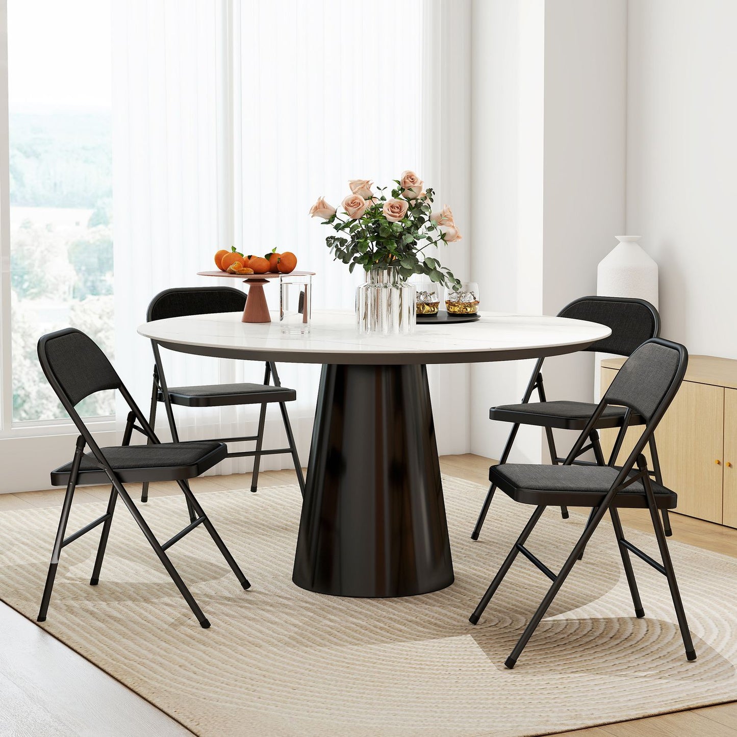 Folding Chairs Set of 4, Black, Metal Legs, Padded Seats