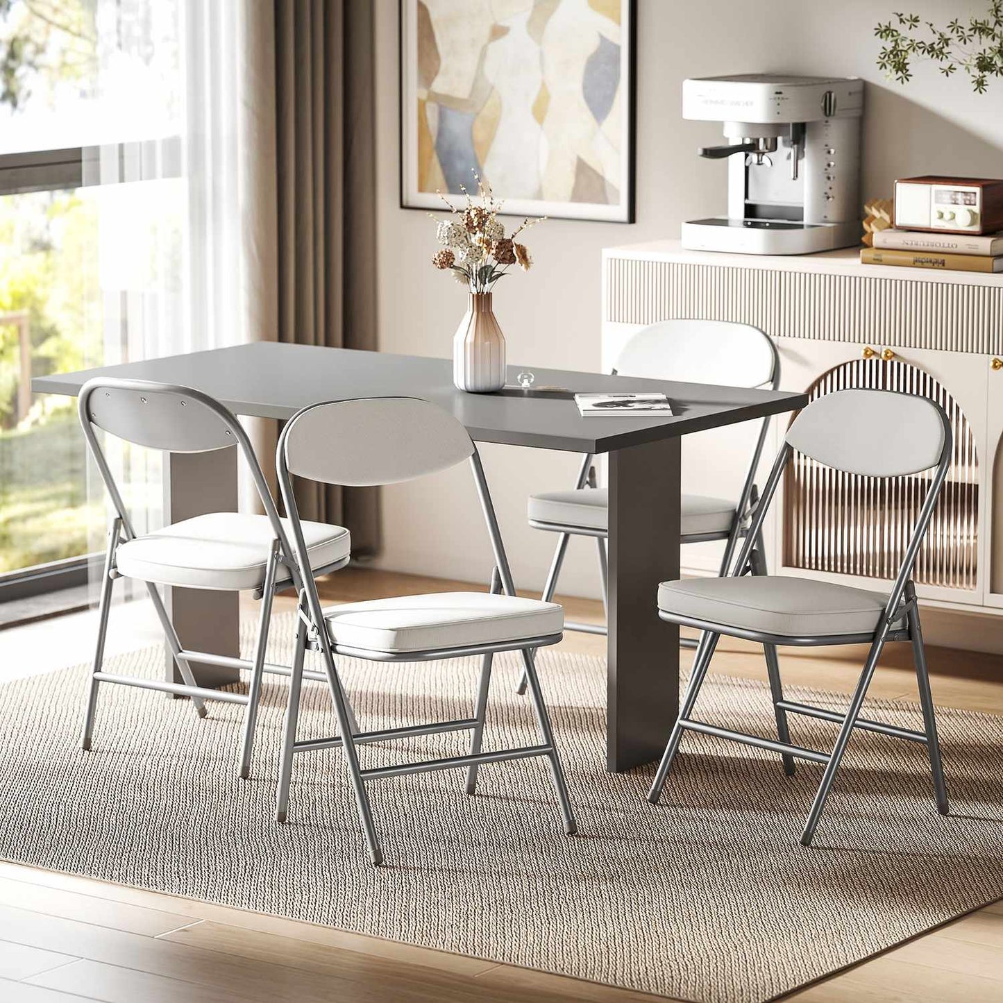 Folding Chairs Set of 4, Corduroy Upholstery, Metal Frame