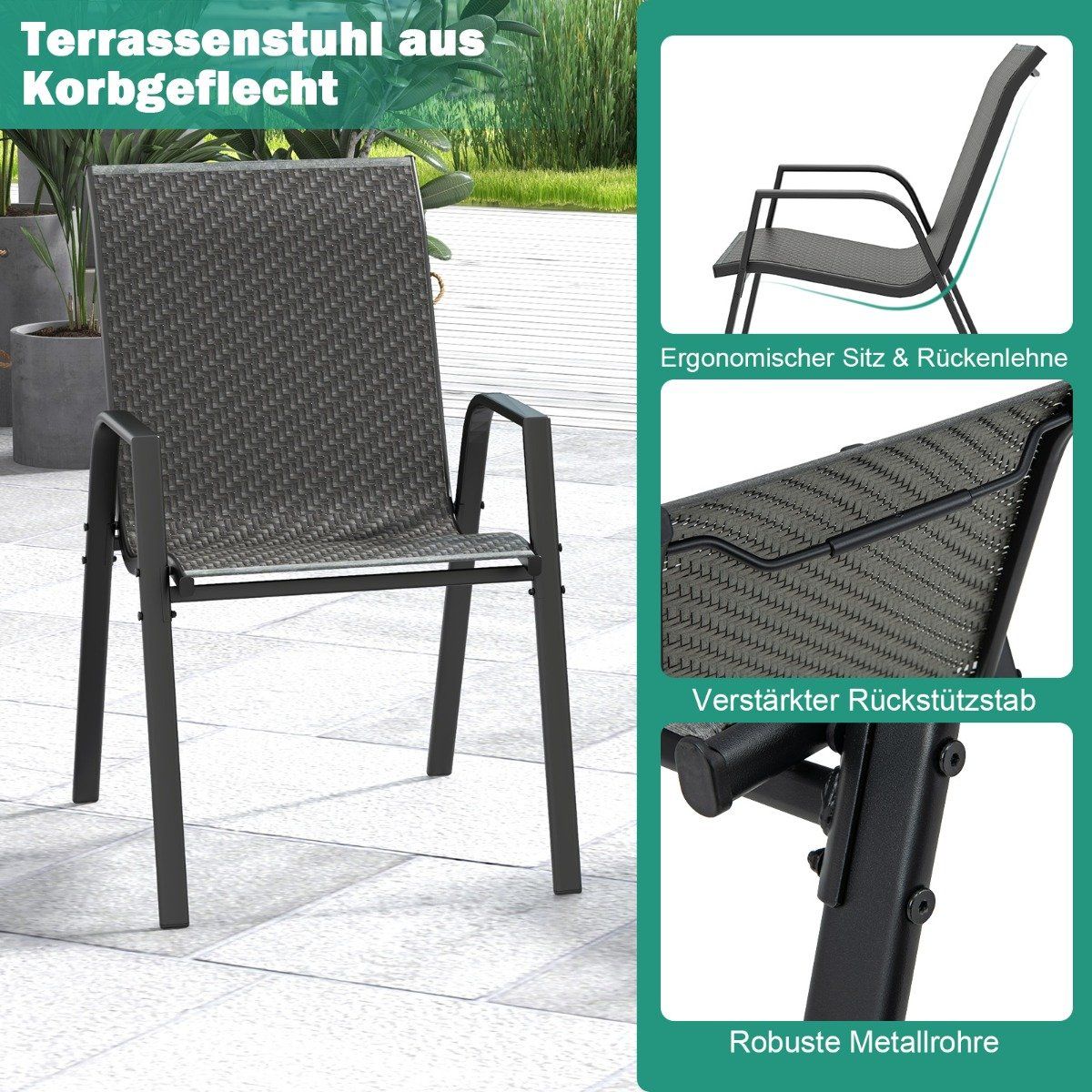 Set of 4 stackable garden chairs made of PE rattan with armrests stacking chairs 66 x 51 x 84 cm
