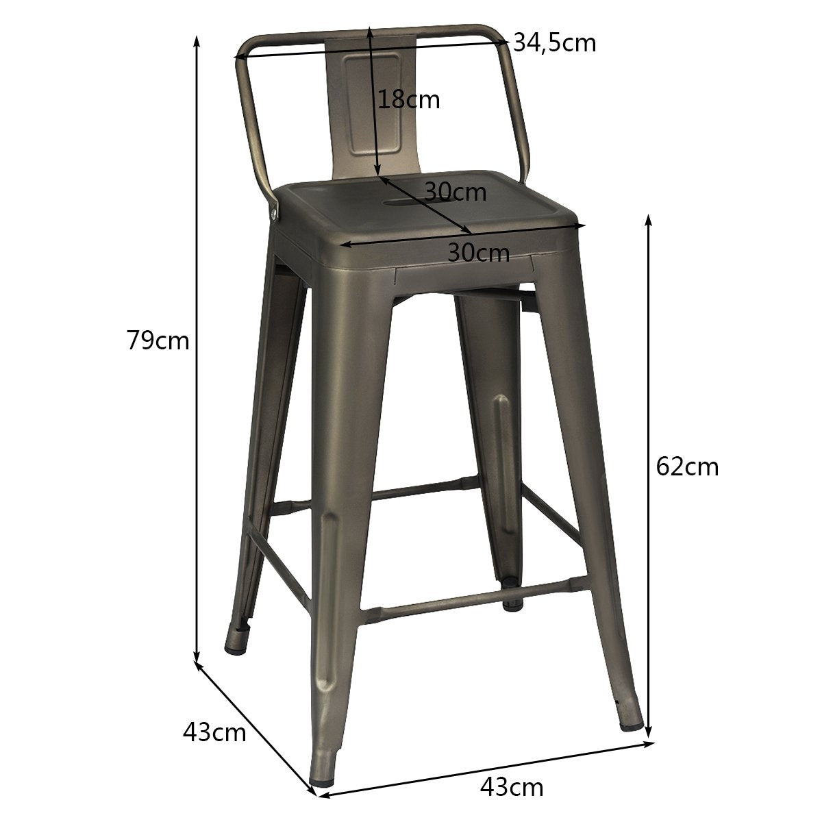 Set of 4 stackable metal dining chairs with removable backrest and 60 cm seat height