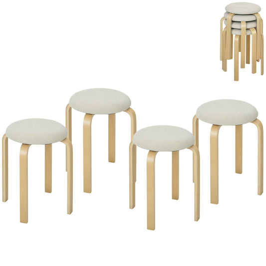 Stackable Upholstered Stools, Cream White, Birch Legs