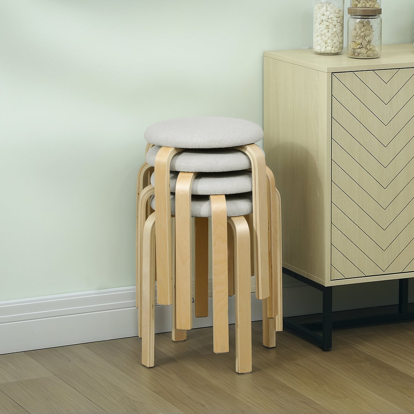 Stackable Upholstered Stools, Cream White, Birch Legs