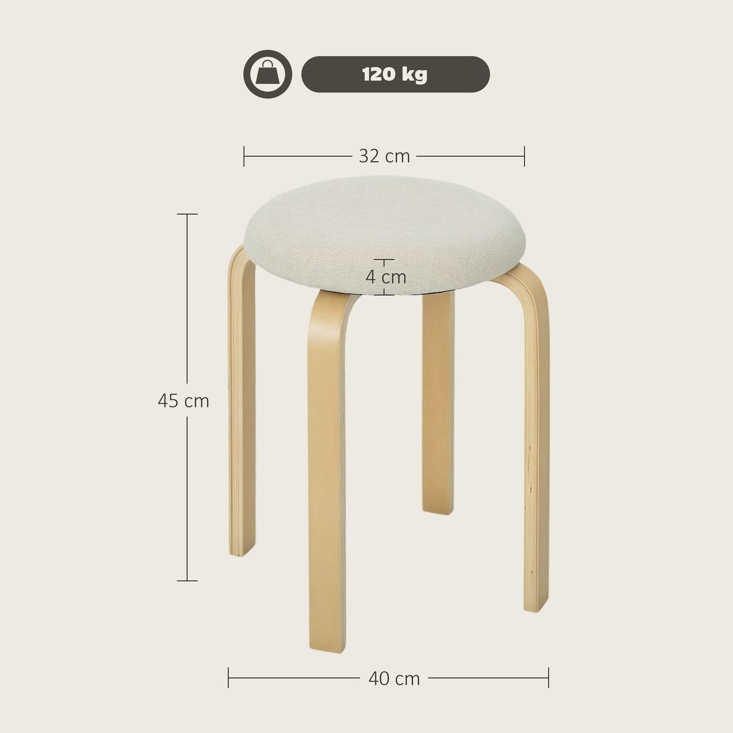 Stackable Upholstered Stools, Cream White, Birch Legs