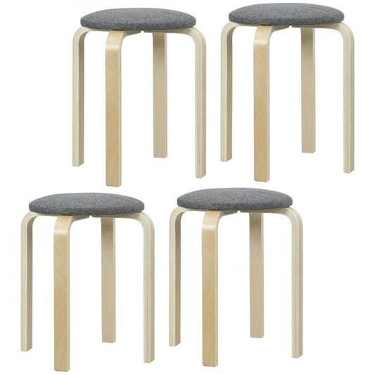 Set of 4 stackable upholstered stools, lacquered surface, wooden legs, grey