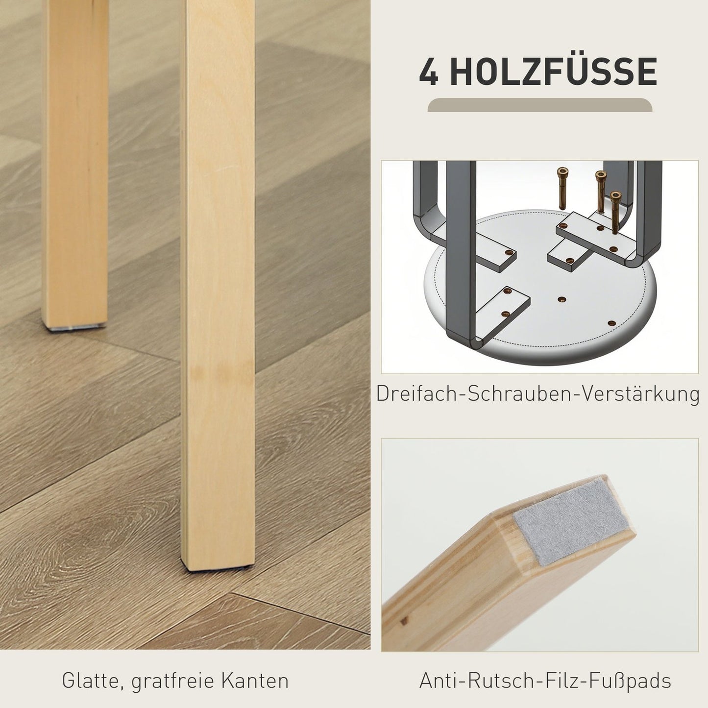 Set of 4 stackable upholstered stools, lacquered surface, wooden legs, grey