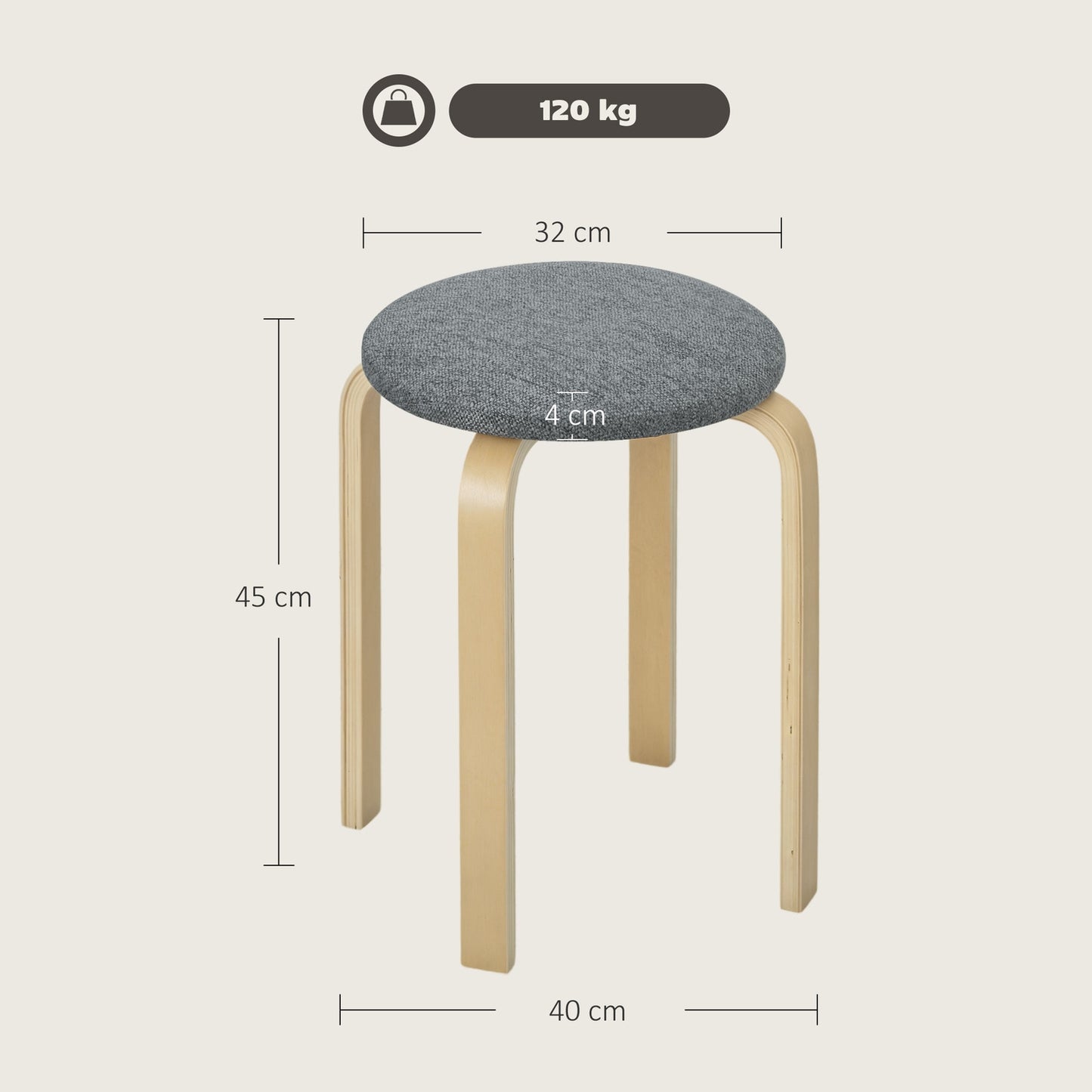 Set of 4 stackable upholstered stools, lacquered surface, wooden legs, grey