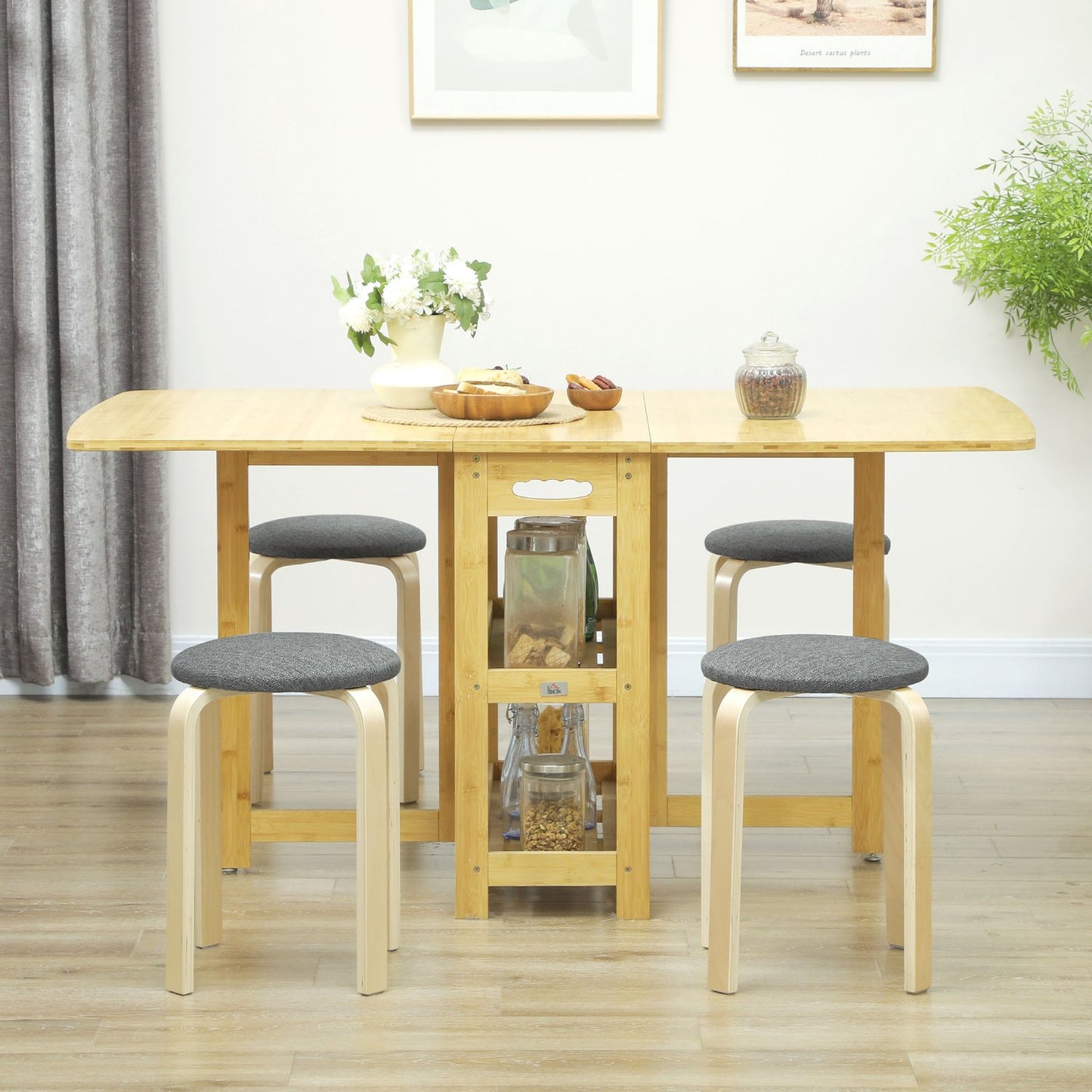 Set of 4 stackable upholstered stools, lacquered surface, wooden legs, grey