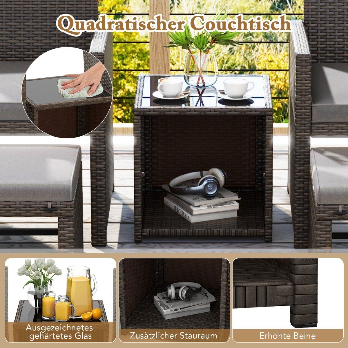 Set of 5 Rattan Furniture Set Furniture Patio Seating Set Brown + Gray