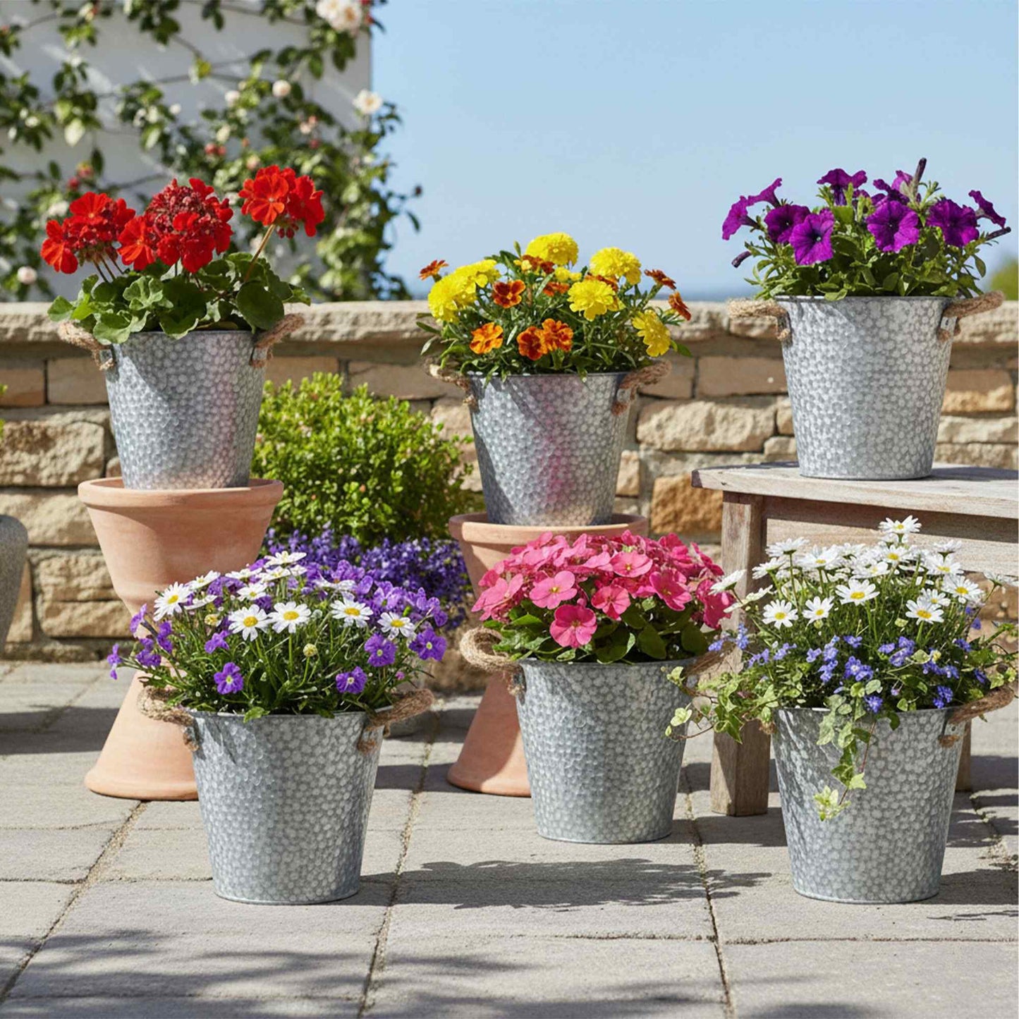 Set of 6 Vintage-Style Metal Planters with Jute Handles