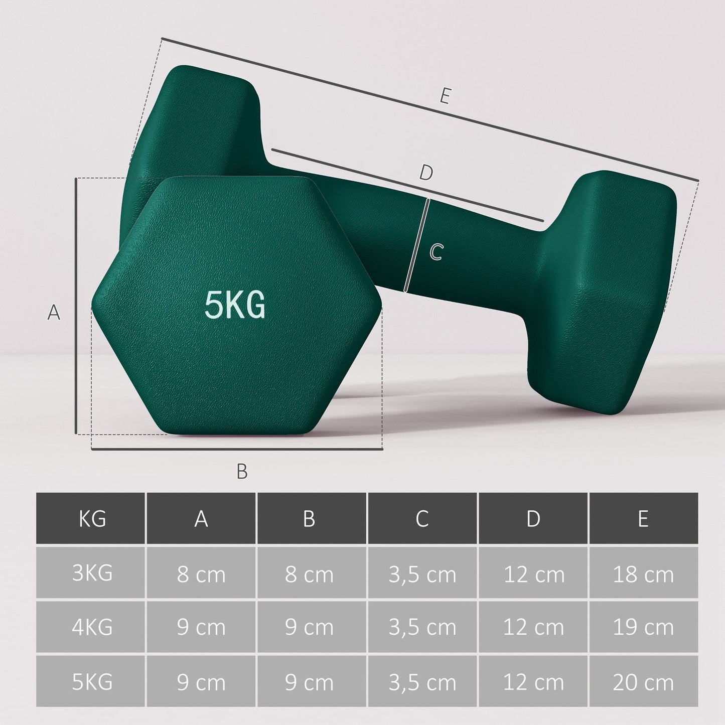 Hex dumbbell set with stand - 3, 4, 5 kg weights for home gym