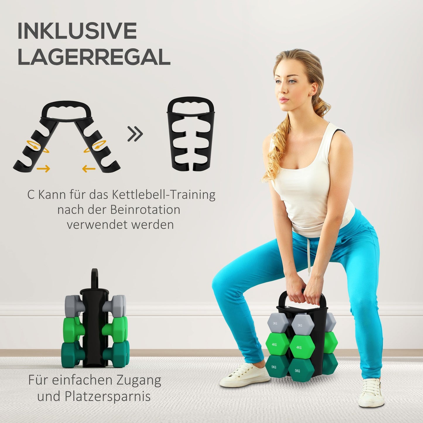 Hex dumbbell set with stand - 3, 4, 5 kg weights for home gym