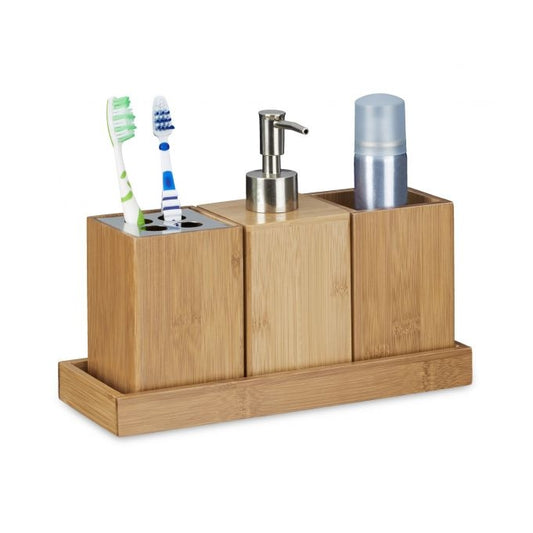 Set of bathroom accessories in bamboo