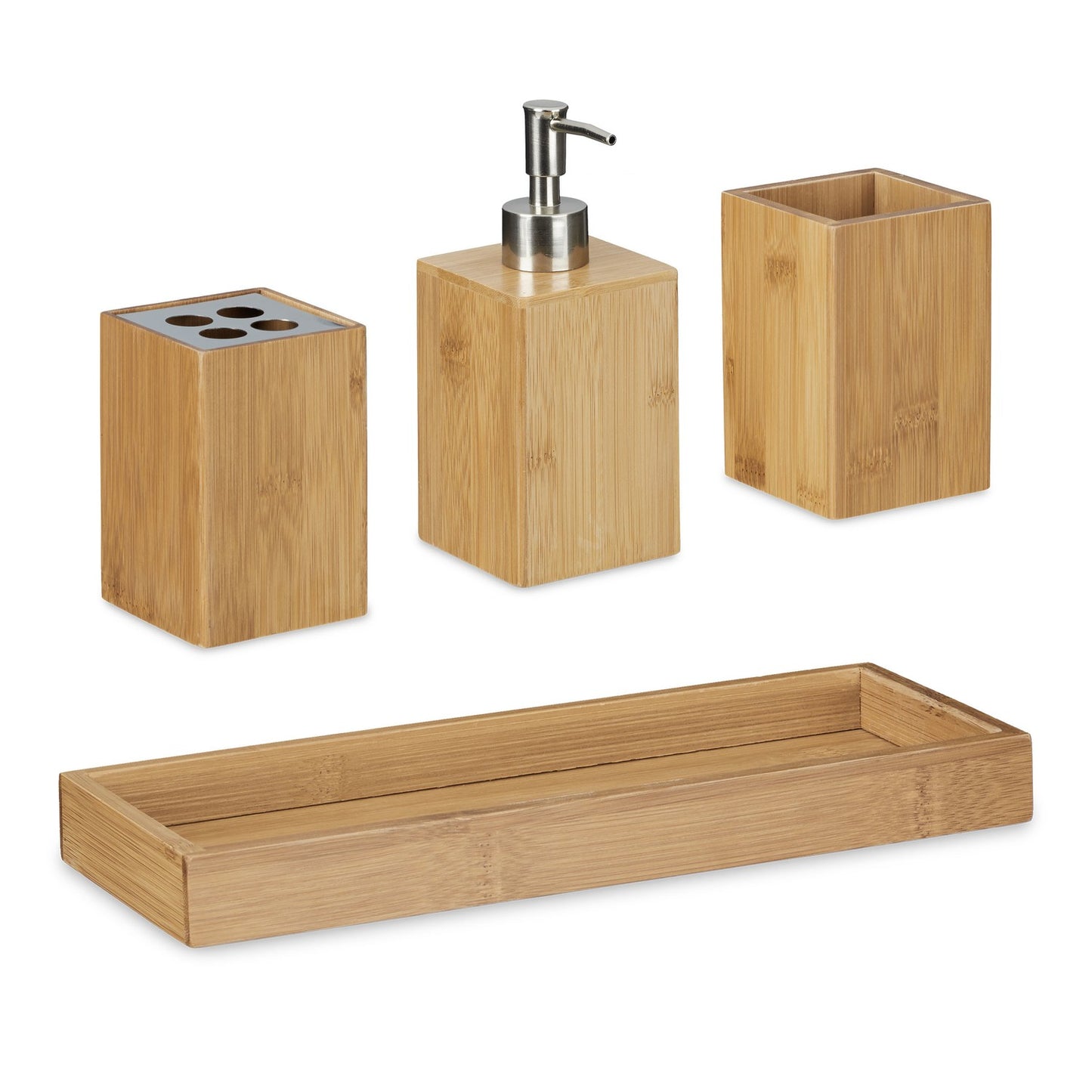 Set of bathroom accessories in bamboo