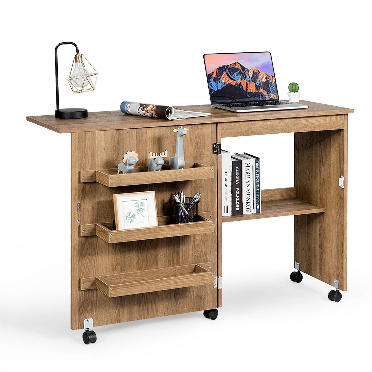 Sewing machine table Foldable sewing table with storage compartments 118.5 x 40 x 79.5 cm Natural