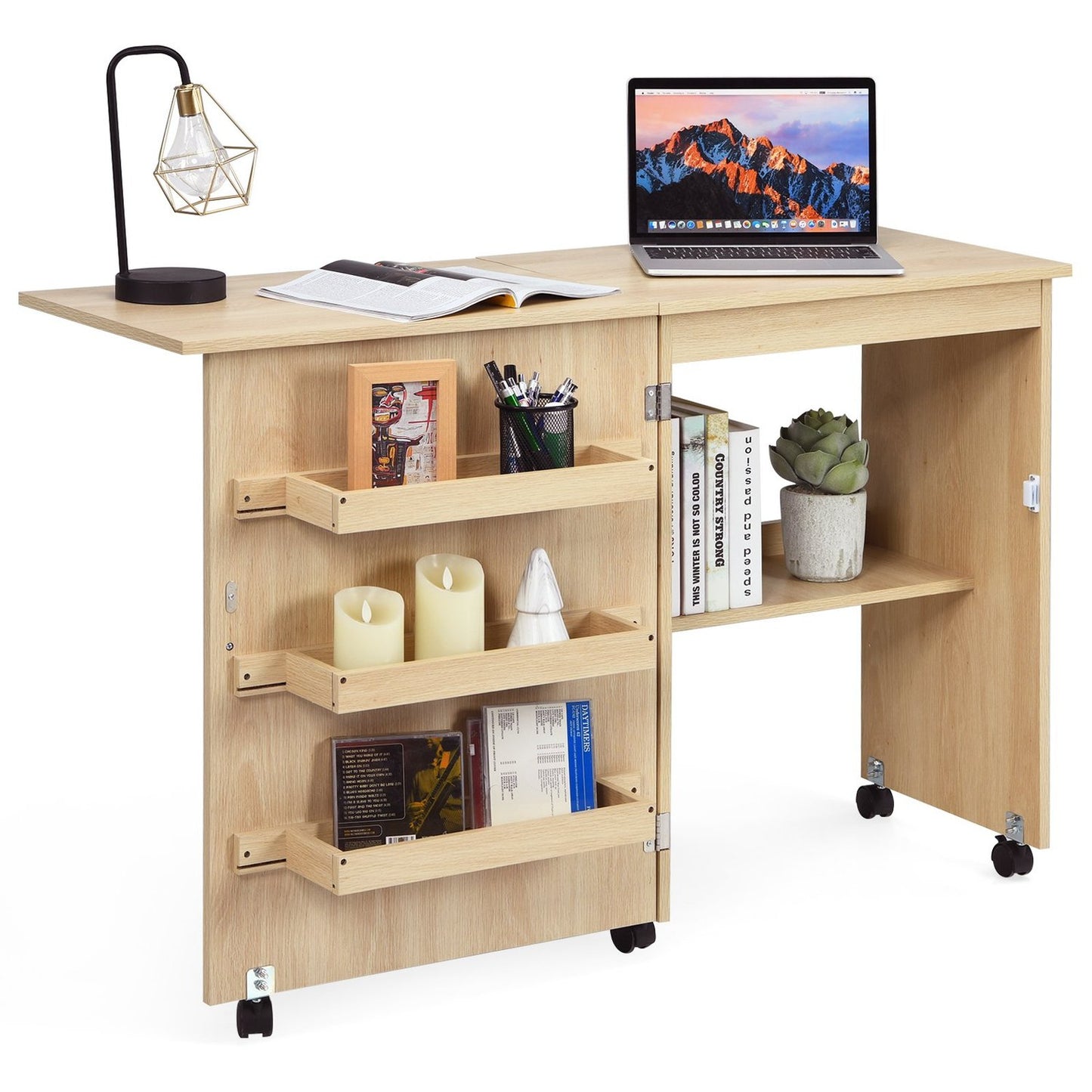 Sewing machine table foldable sewing table multi-purpose table with wheels light walnut