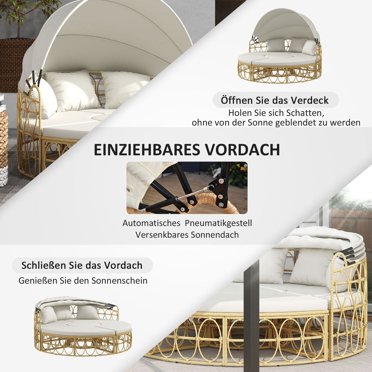 Garden furniture set, cream-coloured, with canopy and coffee table