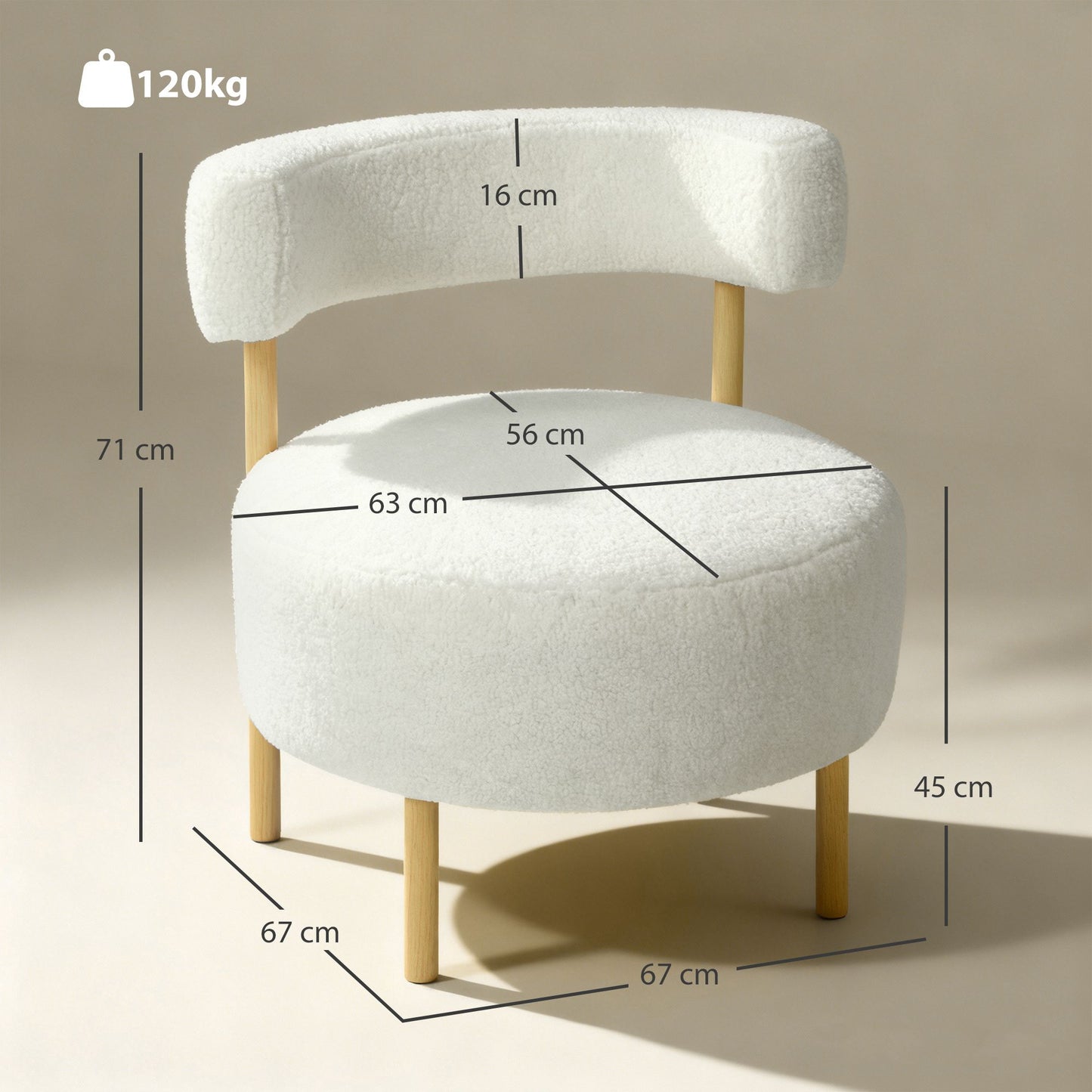 Sherpa-Fleece Lounge Chair, Metal Wood-Look Legs, Cream White