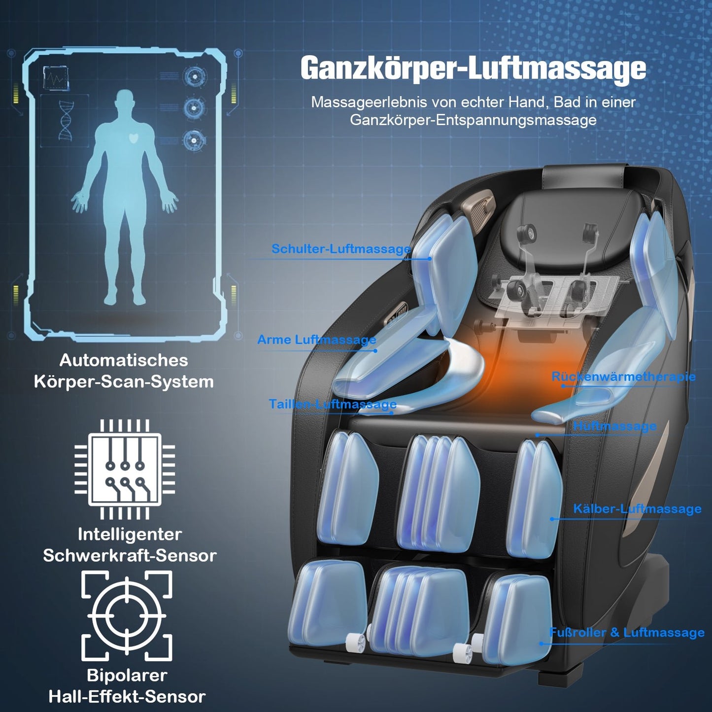 Shiatsu Massage Chair, Adjustable, Bluetooth, Black, 143x77x111 cm