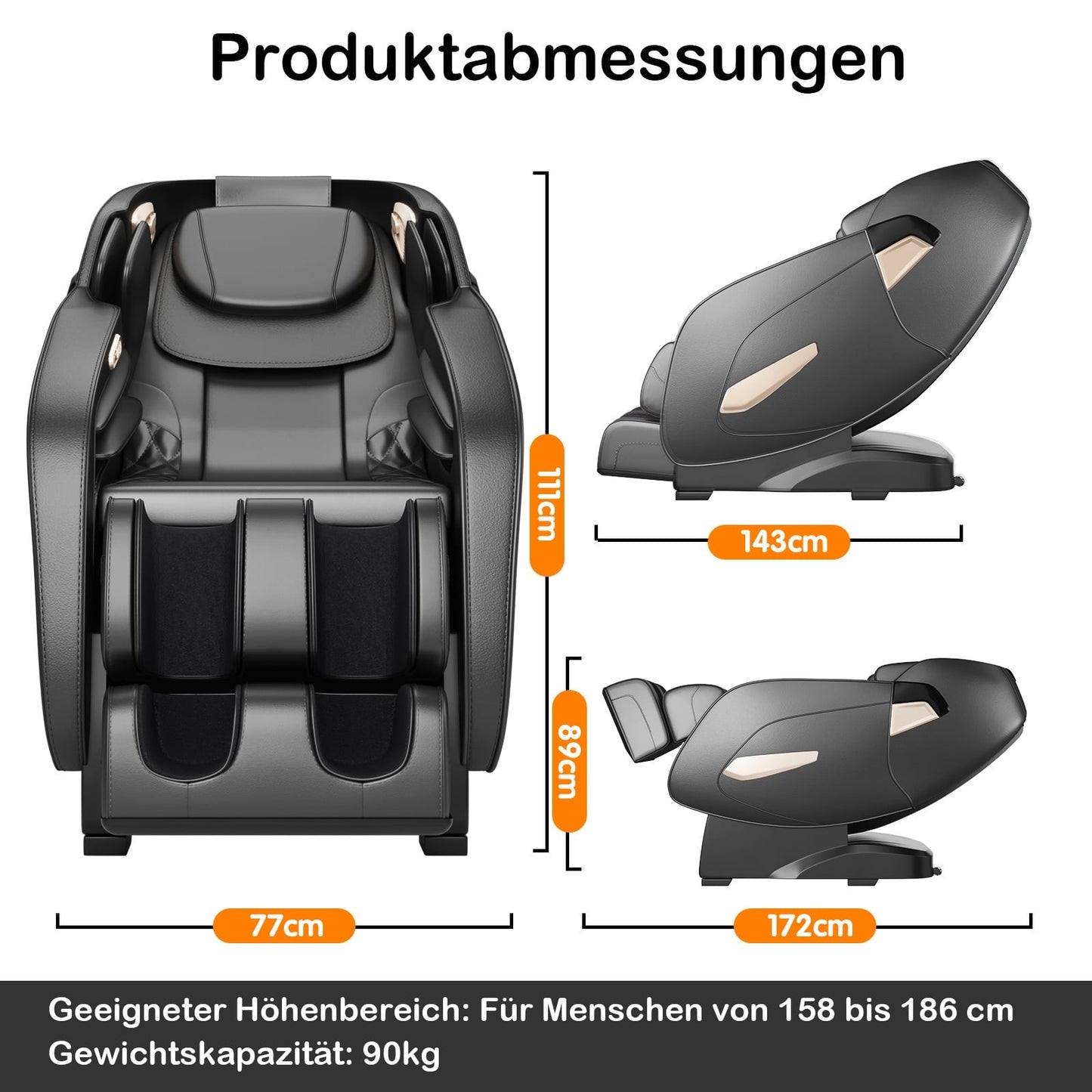 Shiatsu Massage Chair, Adjustable, Bluetooth, Black, 143x77x111 cm