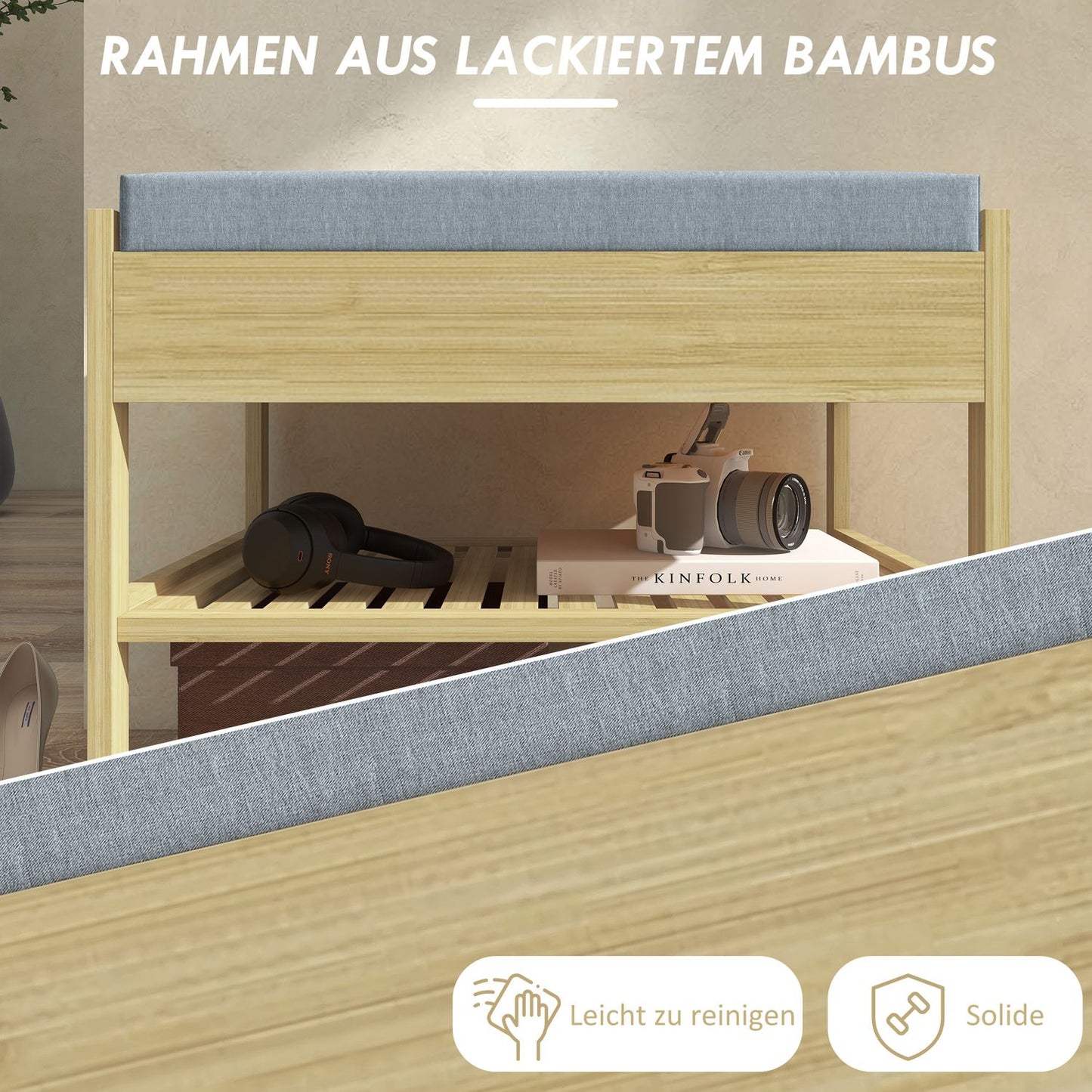 Bamboo shoe bench with drawer, 2-tier rack - 4 pairs